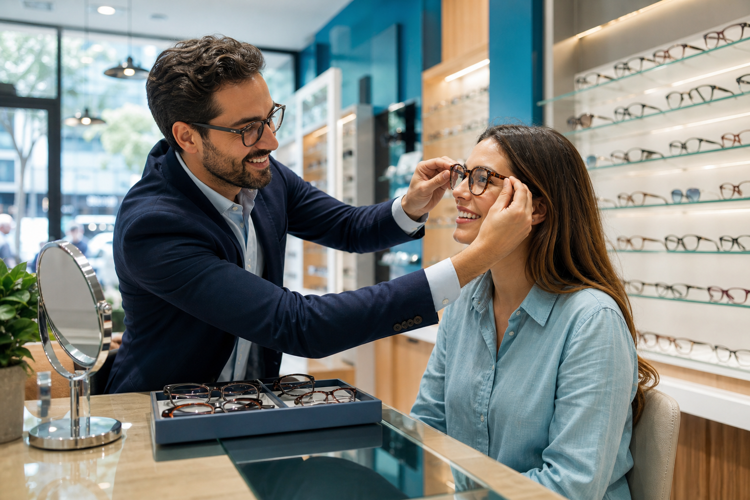 Optician ajustando anteojos a una clienta